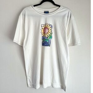 NWT VTG Jantzen Bead Sunflower T-Shirt Large White Floral Lace Trim Short Sleeve